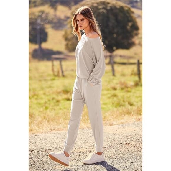 New Women's 2-Piece Sweatsuit Set - Pullover & Long Pants, Solid Color, Apricot - Picture 4 of 7